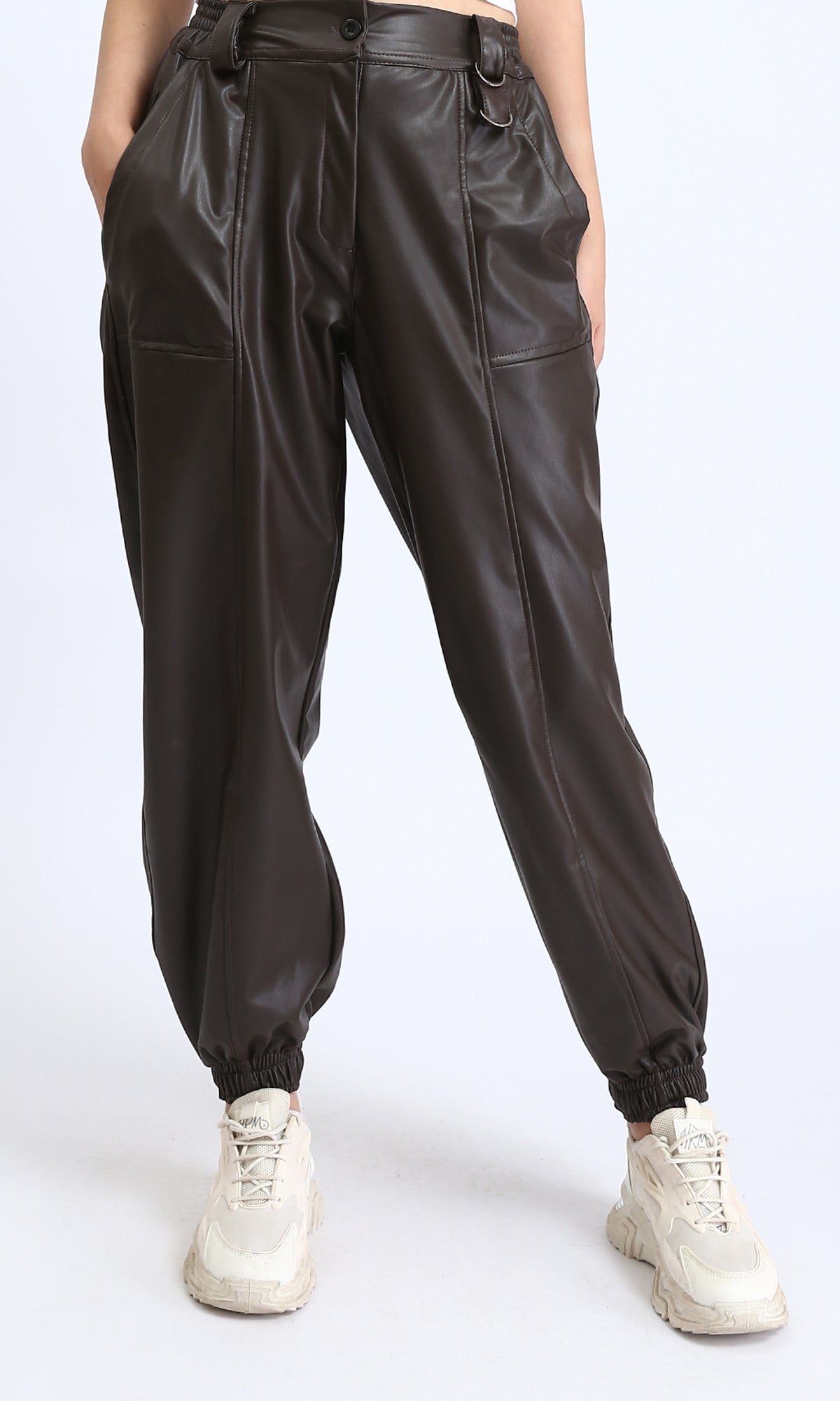 O202528 - Elastic Waist Leather Pants with Hem - Burnt Brown