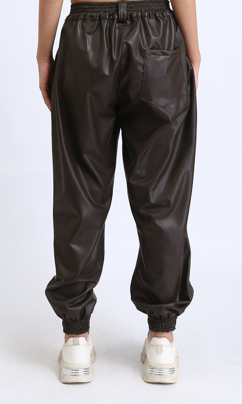 O202528 - Elastic Waist Leather Pants with Hem - Burnt Brown