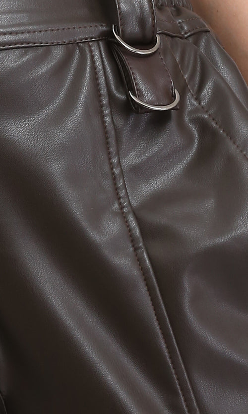 O202528 - Elastic Waist Leather Pants with Hem - Burnt Brown