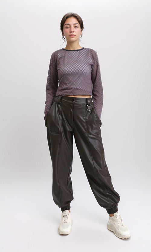 O202528 - Elastic Waist Leather Pants with Hem - Burnt Brown