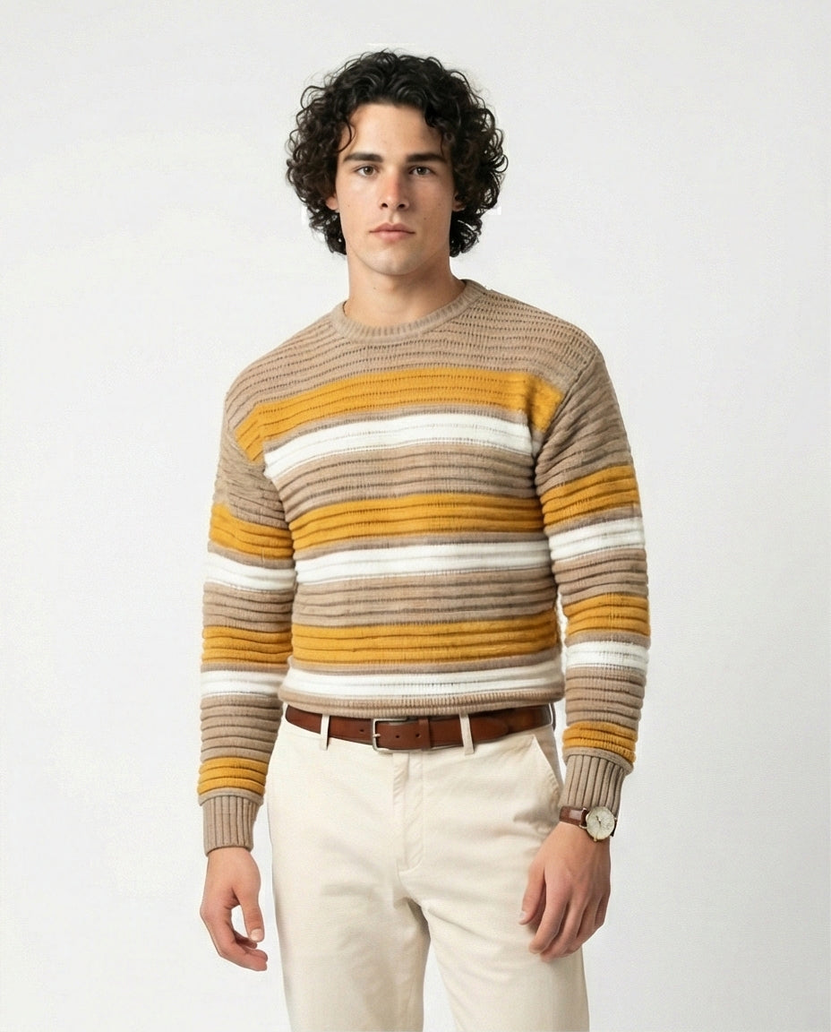 Men's Earth-Toned Striped Ribbed Knit Pullover - O202638