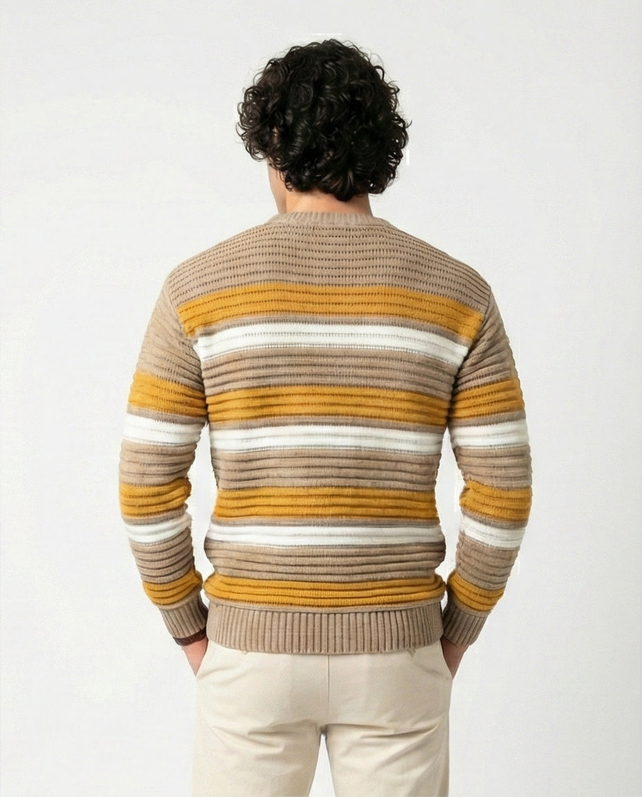 Men's Earth-Toned Striped Ribbed Knit Pullover - O202638