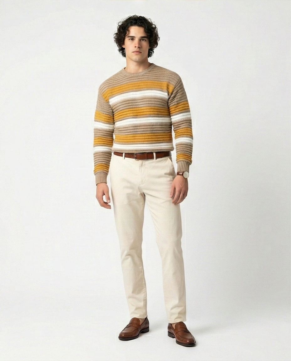 Men's Earth-Toned Striped Ribbed Knit Pullover - O202638