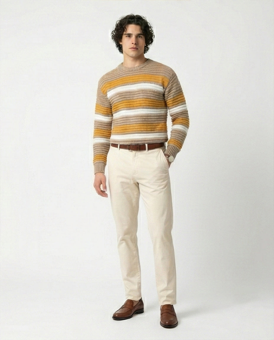 Men's Earth-Toned Striped Ribbed Knit Pullover - O202638