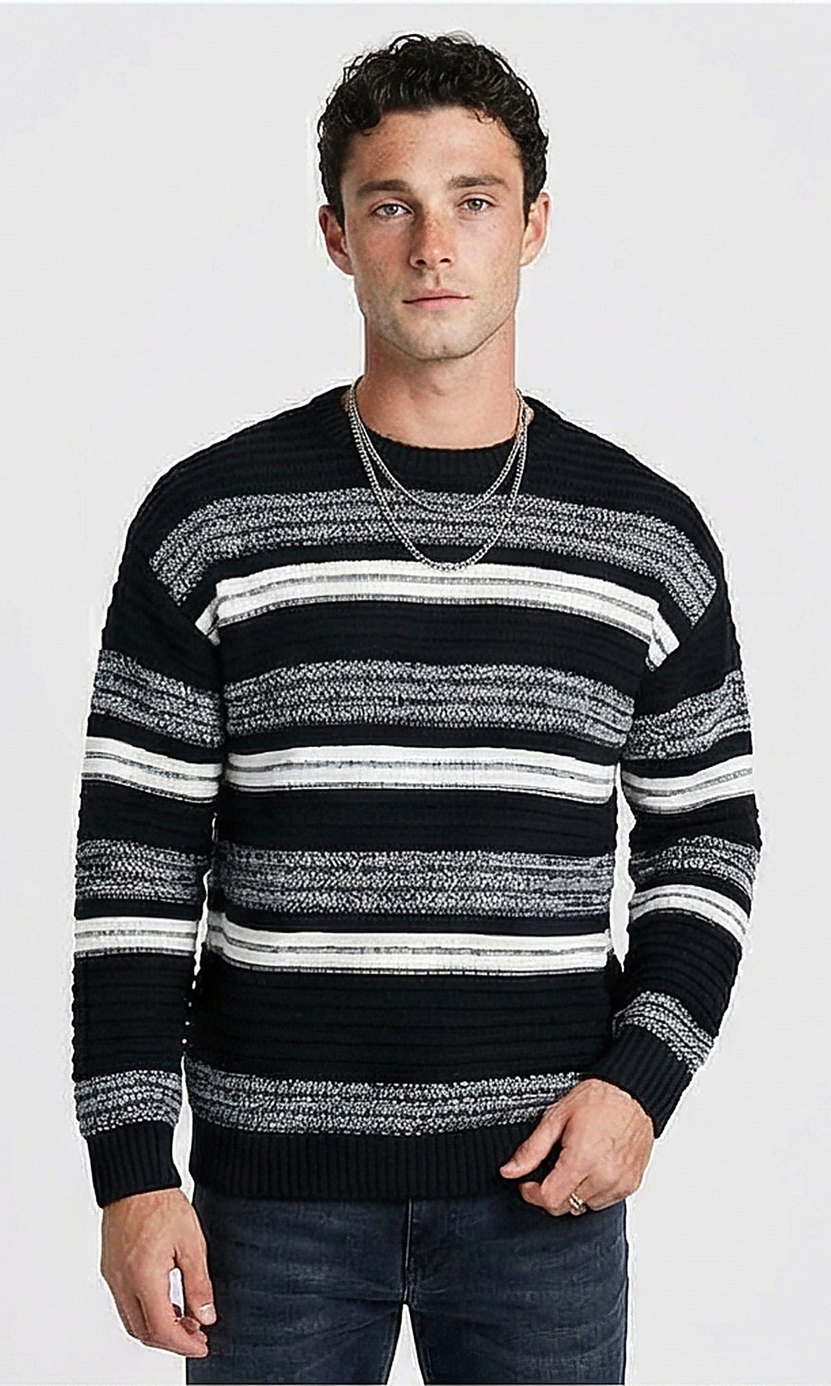 Textured Multi-Stripe Crew Neck Pullover - O202639