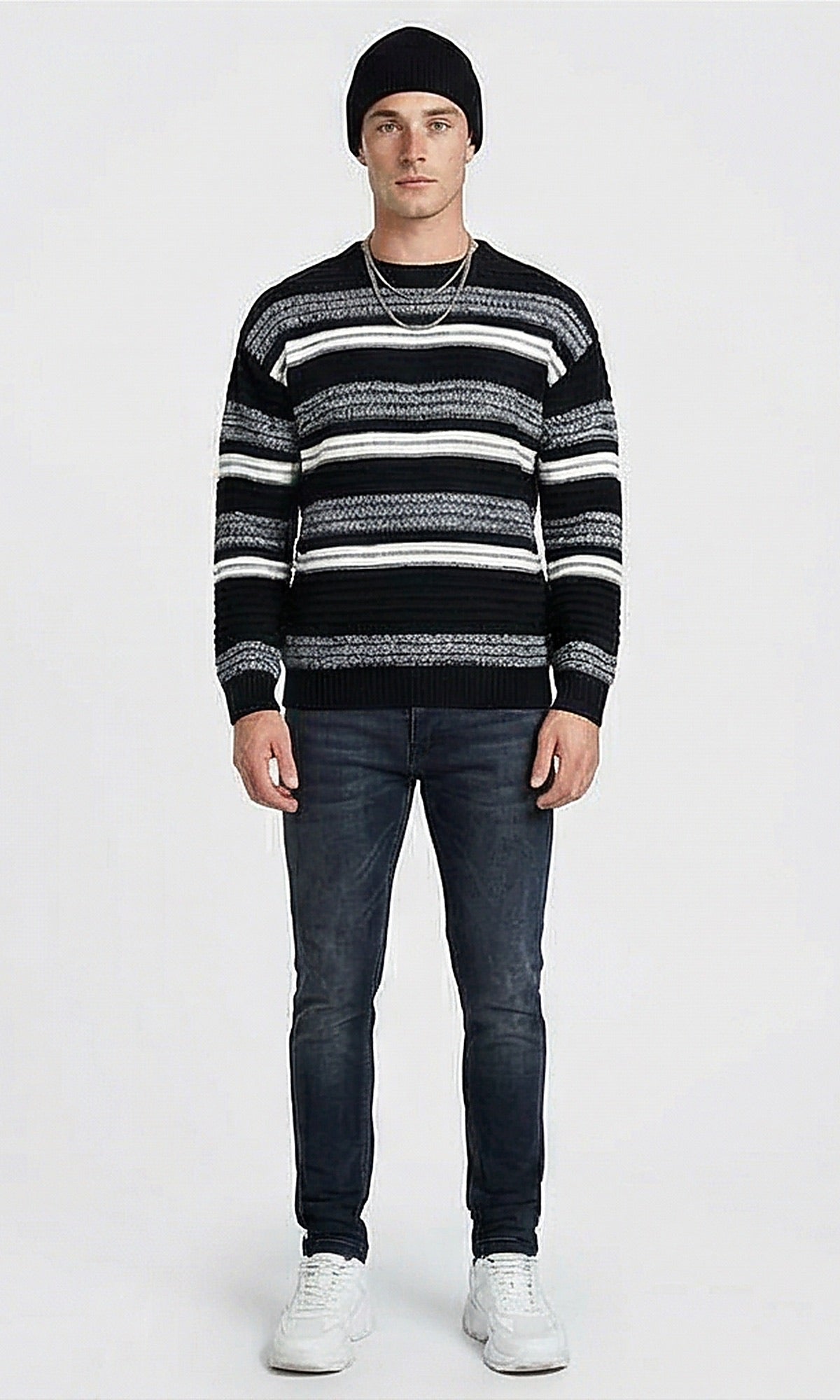 Textured Multi-Stripe Crew Neck Pullover - O202639