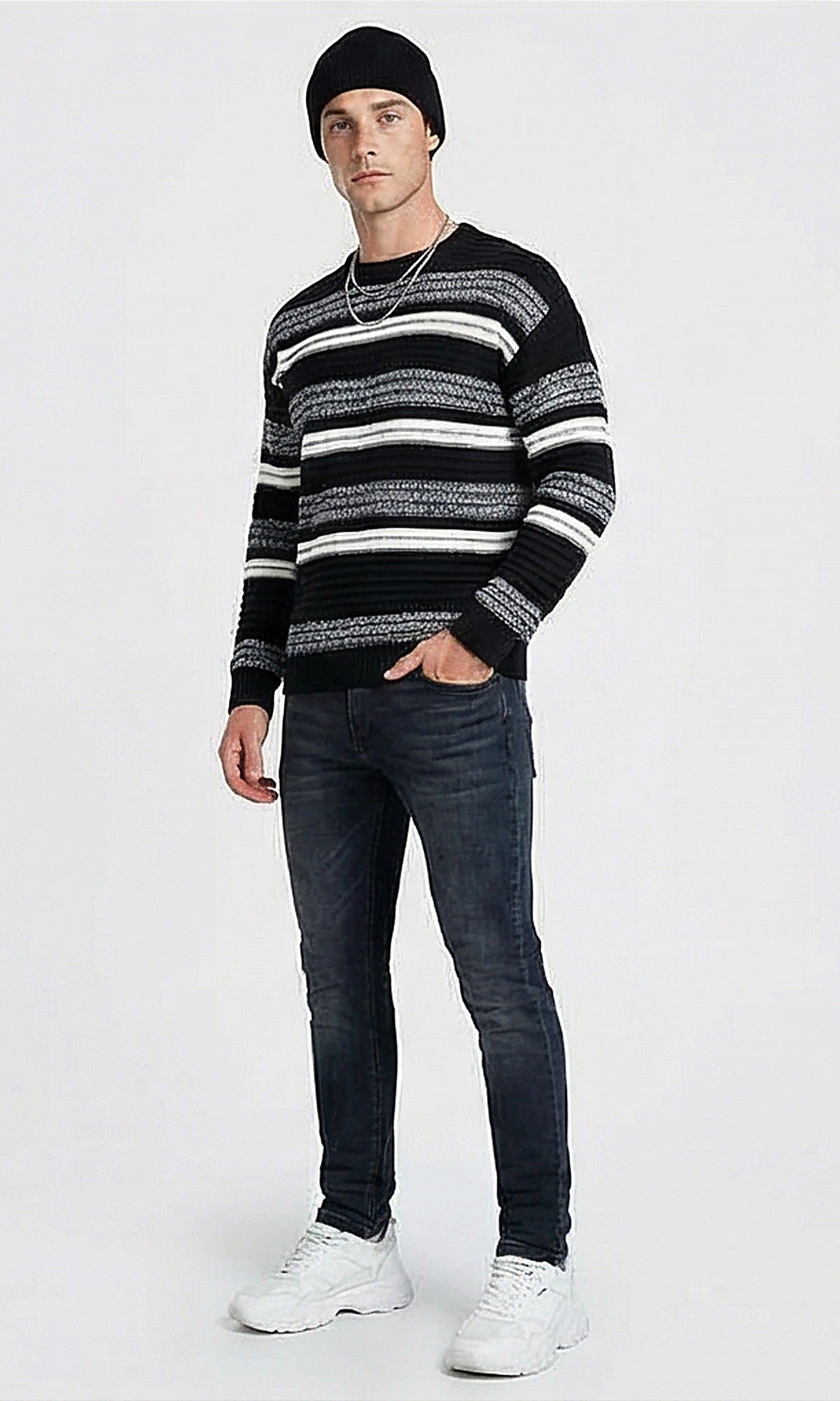 Textured Multi-Stripe Crew Neck Pullover - O202639