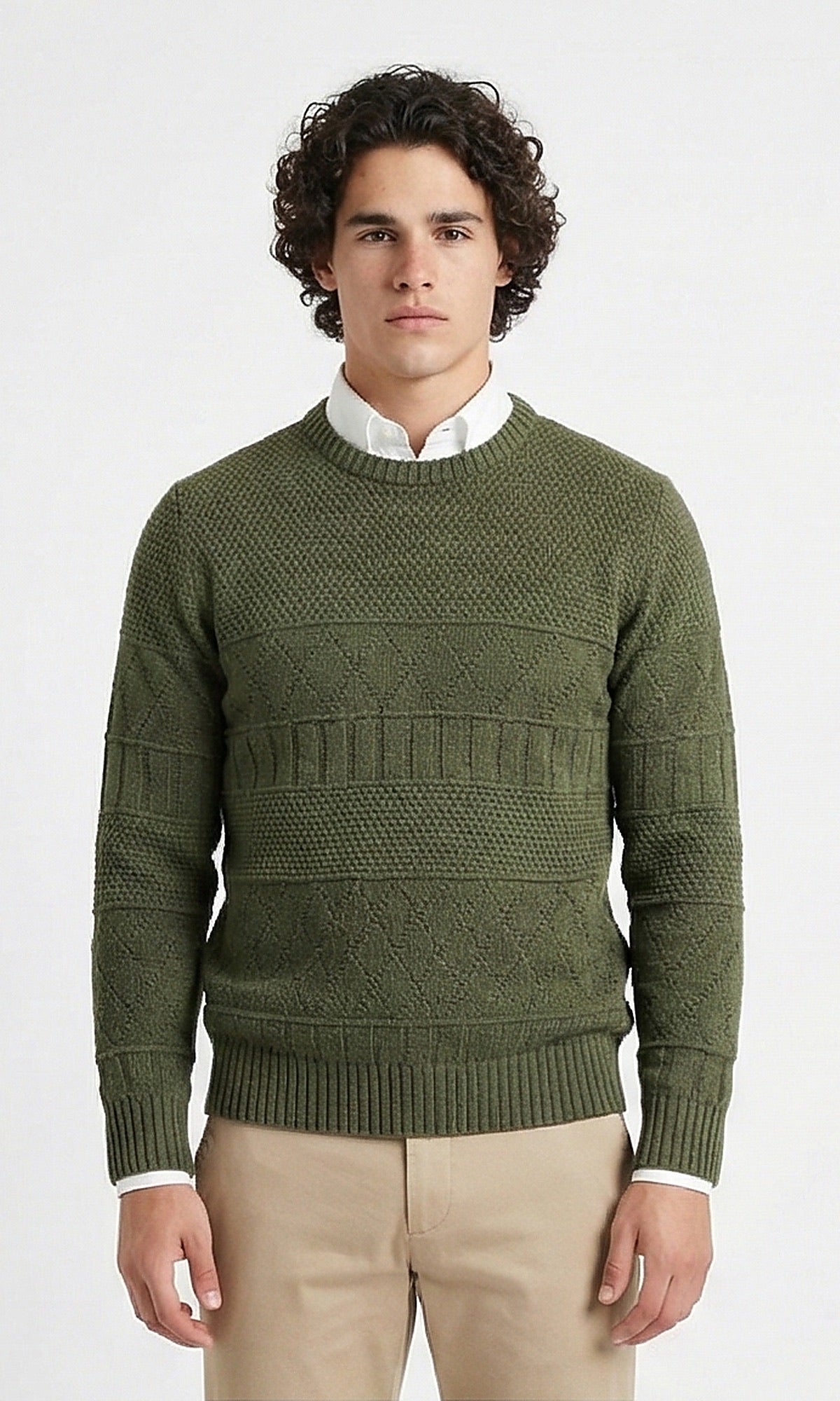 Olive Textured Patterned Crew Neck Knit Pullover - O202677