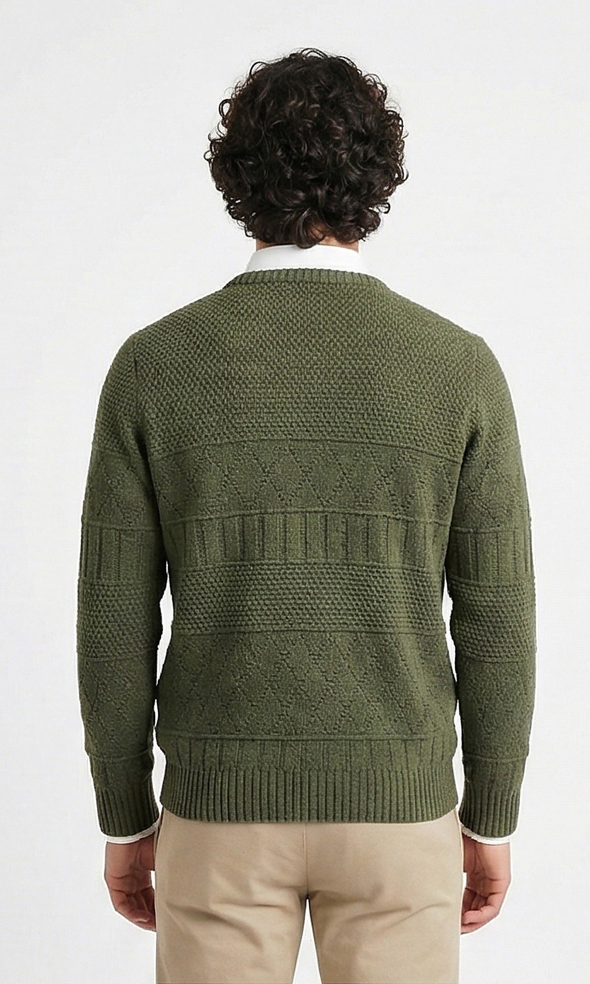 Olive Textured Patterned Crew Neck Knit Pullover - O202677