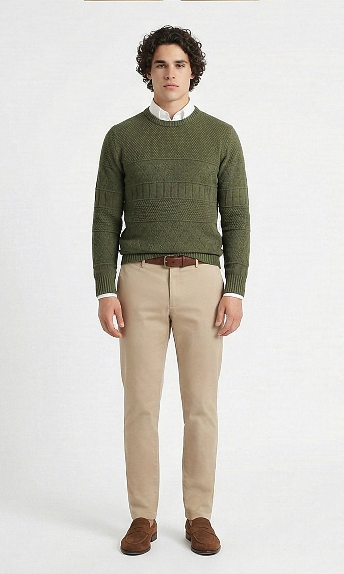 Olive Textured Patterned Crew Neck Knit Pullover - O202677