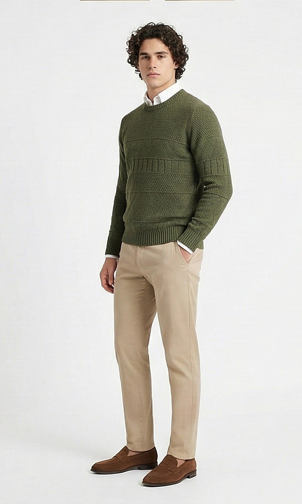 Olive Textured Patterned Crew Neck Knit Pullover - O202677