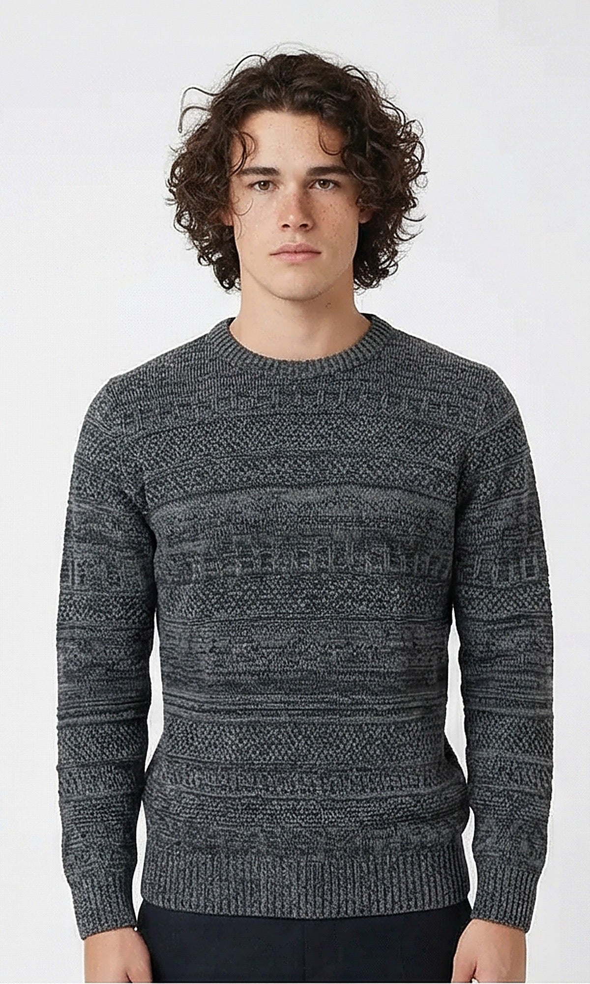 Grey Textured Horizontal Pattern Crew Neck Pullover - O202679