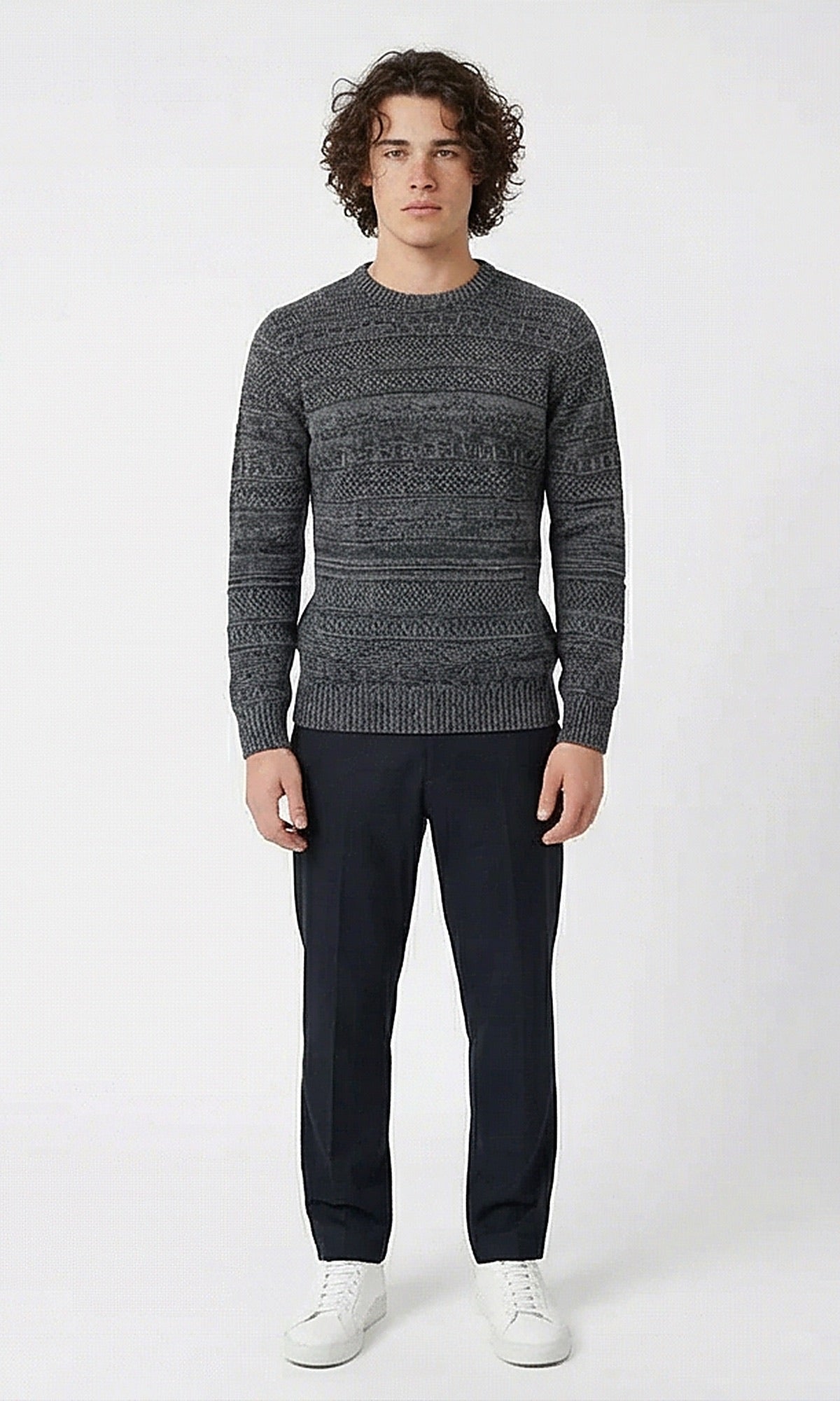 Grey Textured Horizontal Pattern Crew Neck Pullover - O202679