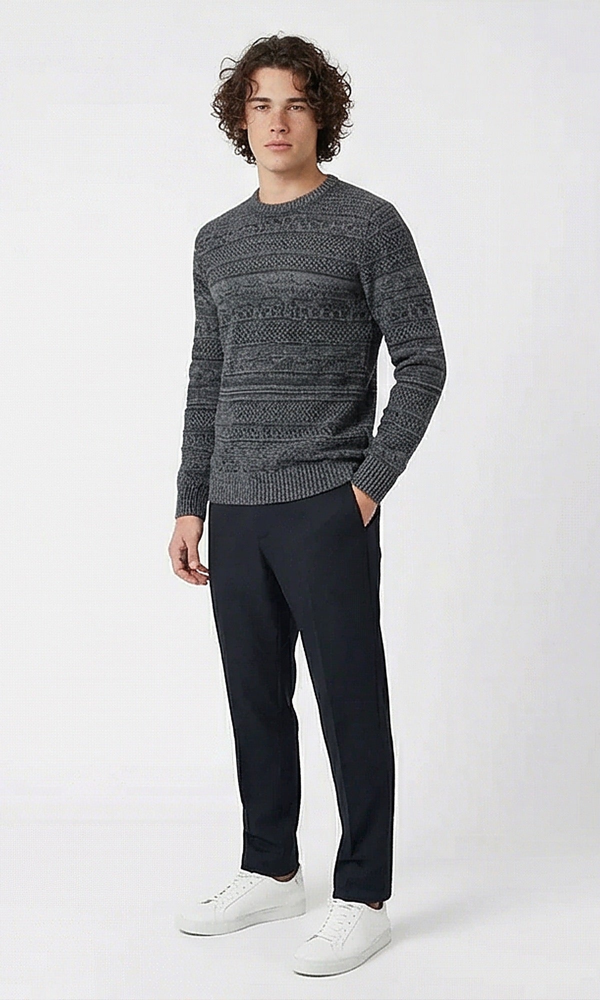Grey Textured Horizontal Pattern Crew Neck Pullover - O202679