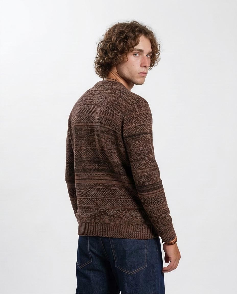 Men's Earth-Tone Intricate Textured Knit Pullover - O202680
