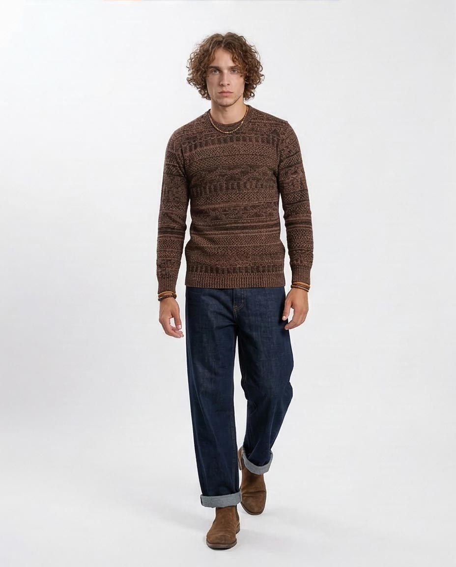 Men's Earth-Tone Intricate Textured Knit Pullover - O202680