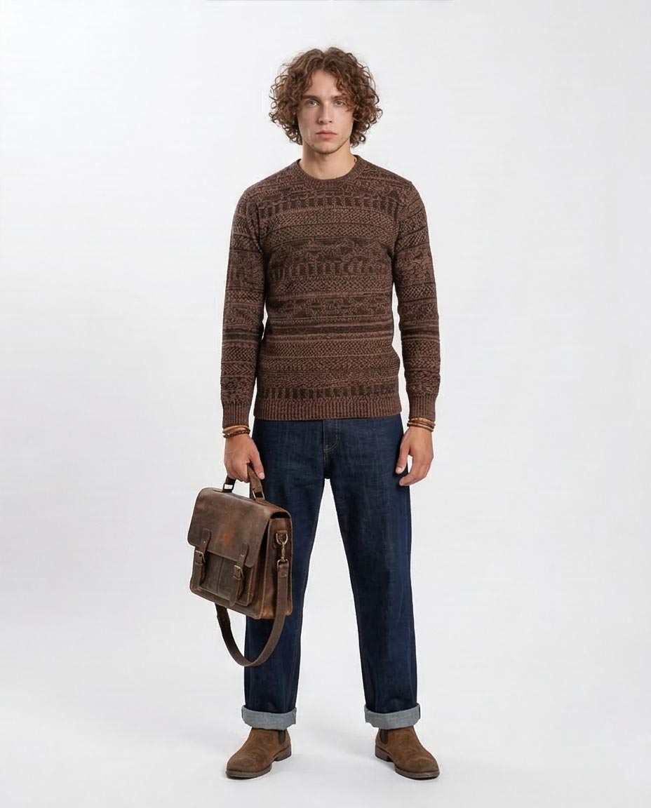 Men's Earth-Tone Intricate Textured Knit Pullover - O202680