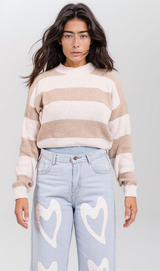 o202783-STRIPED CROP SWEATER - BEIGE & WHITE