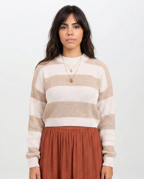 o202783-STRIPED CROP SWEATER - BEIGE & WHITE