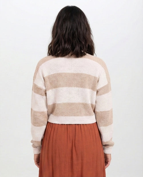 o202783-STRIPED CROP SWEATER - BEIGE & WHITE