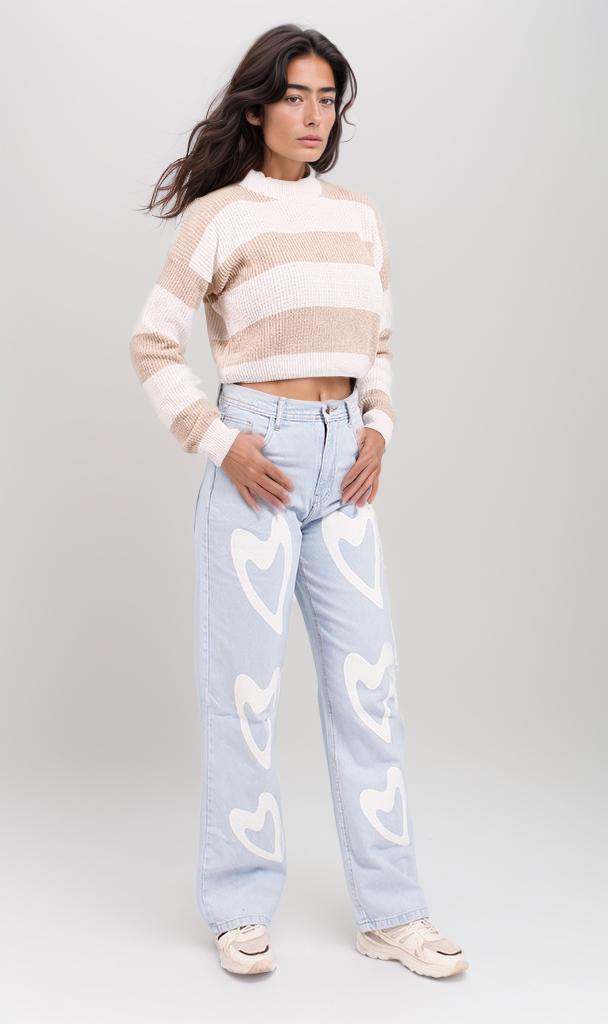 o202783-STRIPED CROP SWEATER - BEIGE & WHITE