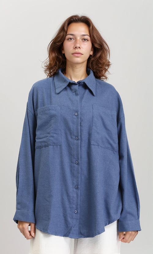 O202788 - Long Sleeves Shirt with Patched Pockets - Steel Blue