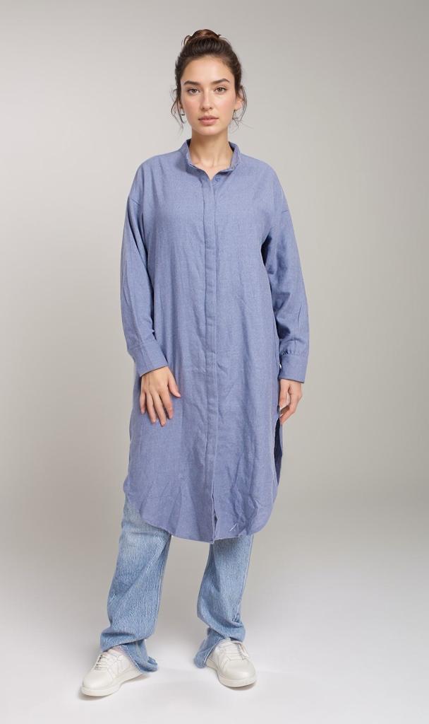 Long Denim Shirt Dress - Blue