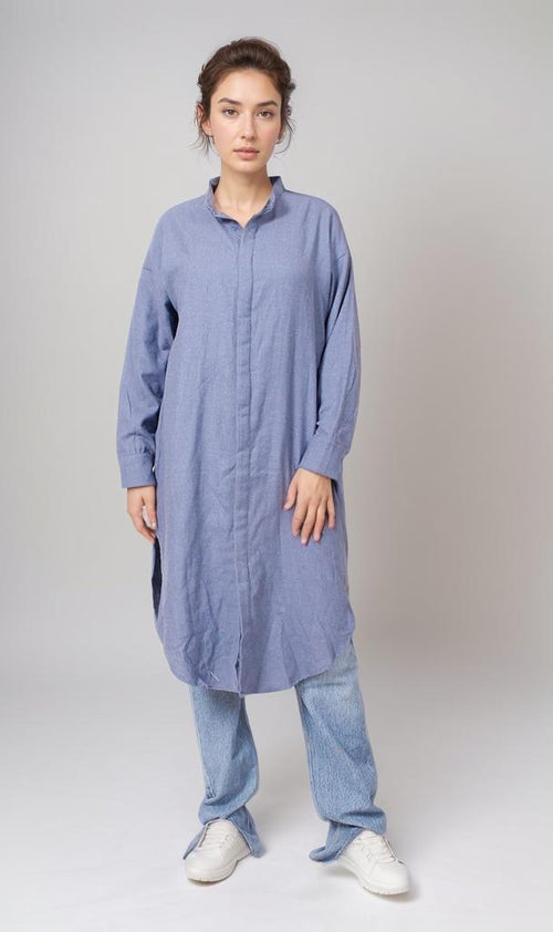 O202789-O202789 - Long Denim Shirt Dress - Blue