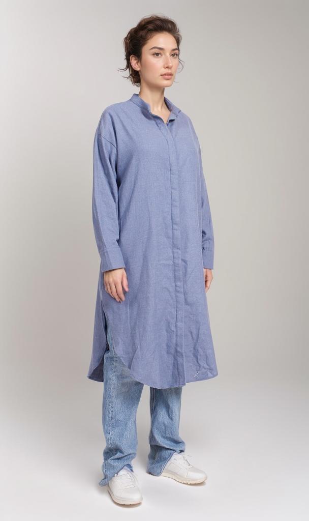 O202789-O202789 - Long Denim Shirt Dress - Blue