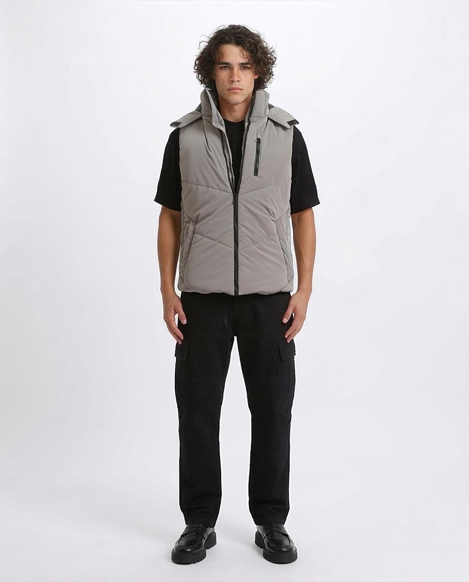 Ravin Men’s Hooded Puffer Vest – Chevron Quilted Technical Gilet with Zip Pocket - O202805