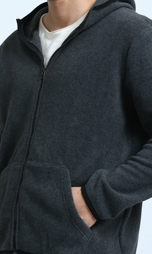 O202933 - Long Sleeves Regular Zipped Sweatshirt - Dark Grey