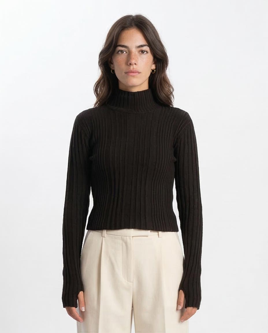 Ravin Women's Rib-Knit Mock Neck Sweater with Thumbholes – Black - O202953