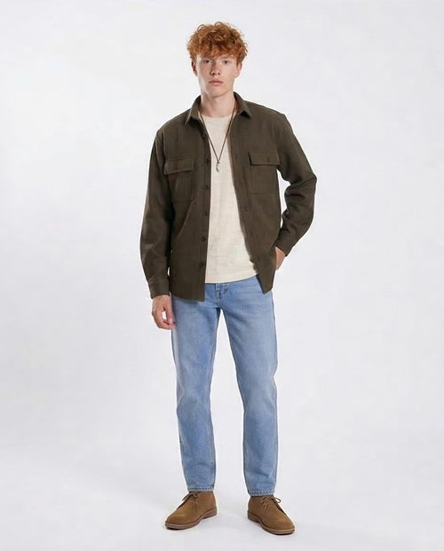 Olive Green Brushed Flannel Utility Overshirt - O203047
