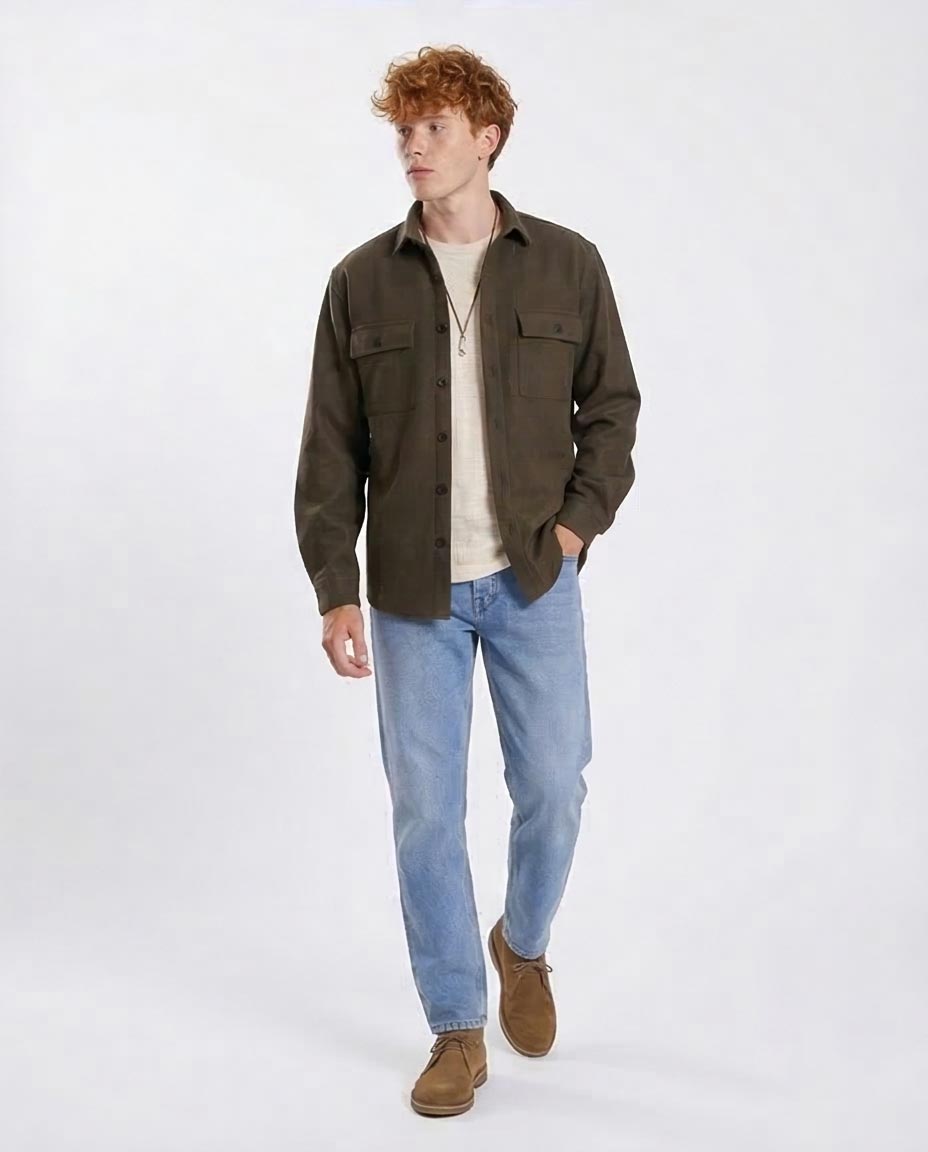 Olive Green Brushed Flannel Utility Overshirt - O203047