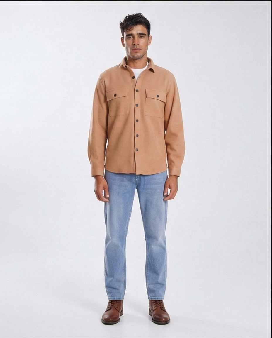 Camel Textured Double Pocket Overshirt - O203050