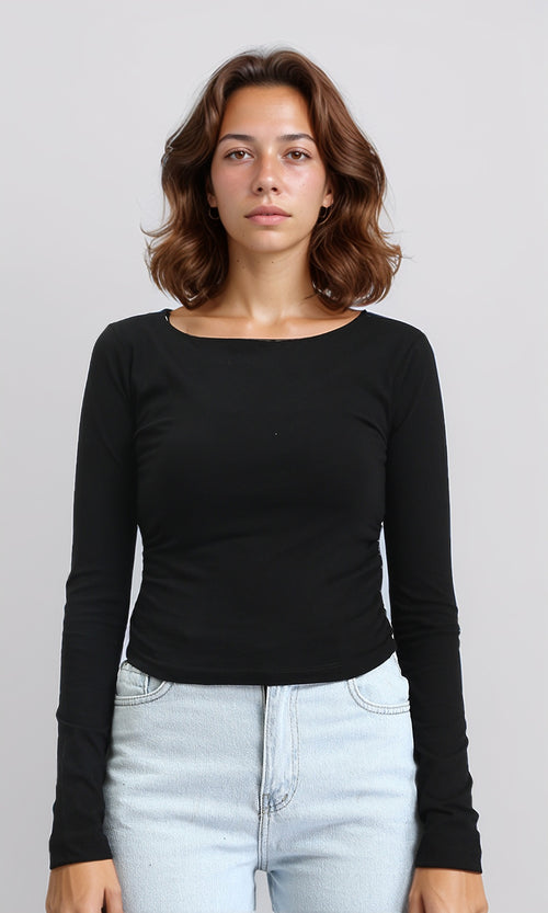 O203061 - Boat Neck Long Sleeves Solid Top - Black
