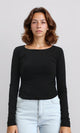 O203061 - Boat Neck Long Sleeves Solid Top - Black