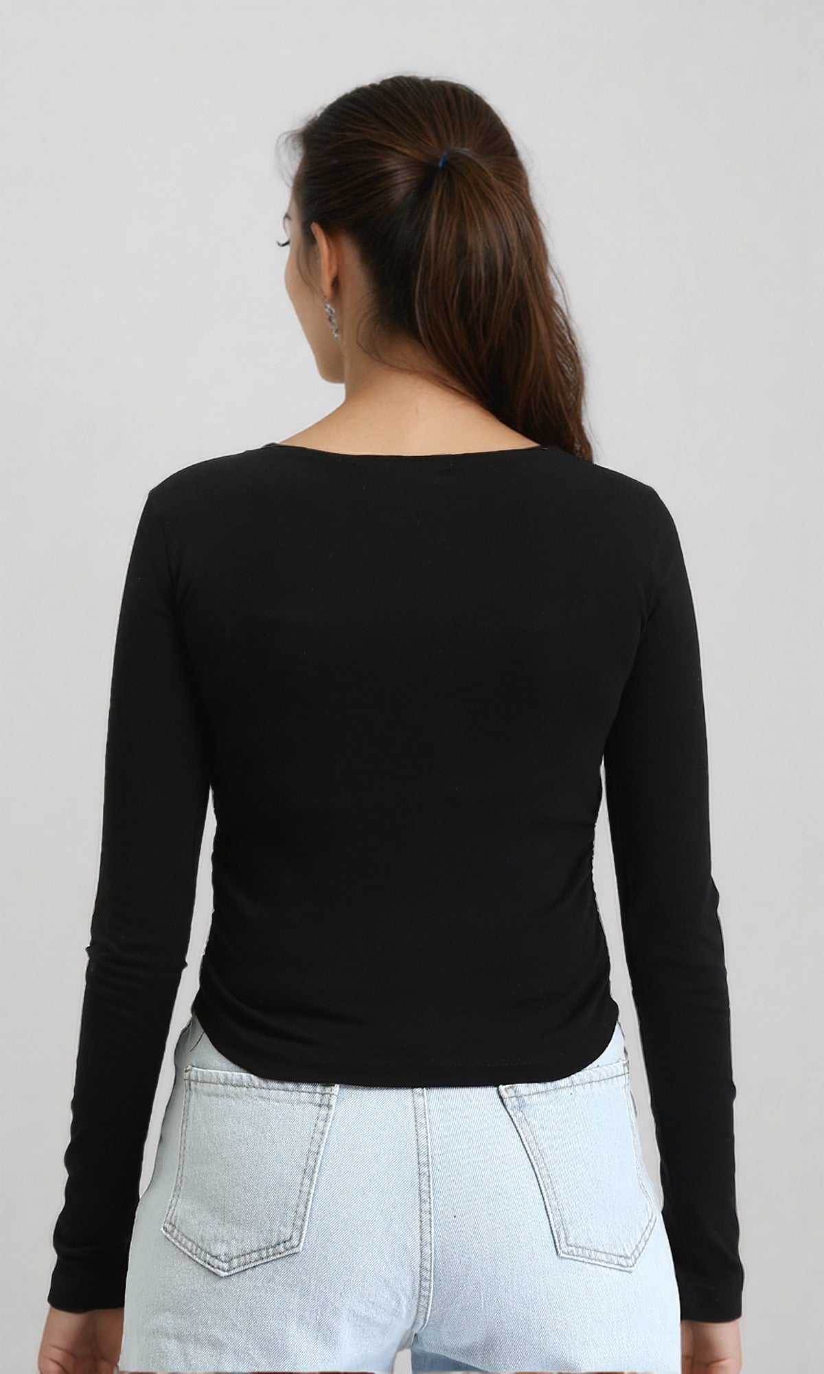 O203061 - Boat Neck Long Sleeves Solid Top - Black