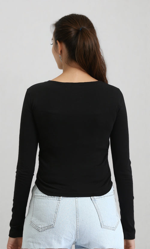 O203061 - Boat Neck Long Sleeves Solid Top - Black