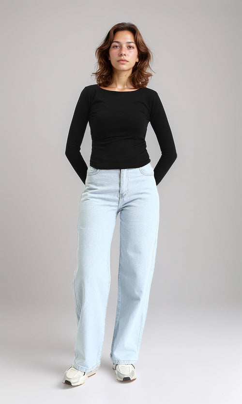 O203061 - Boat Neck Long Sleeves Solid Top - Black