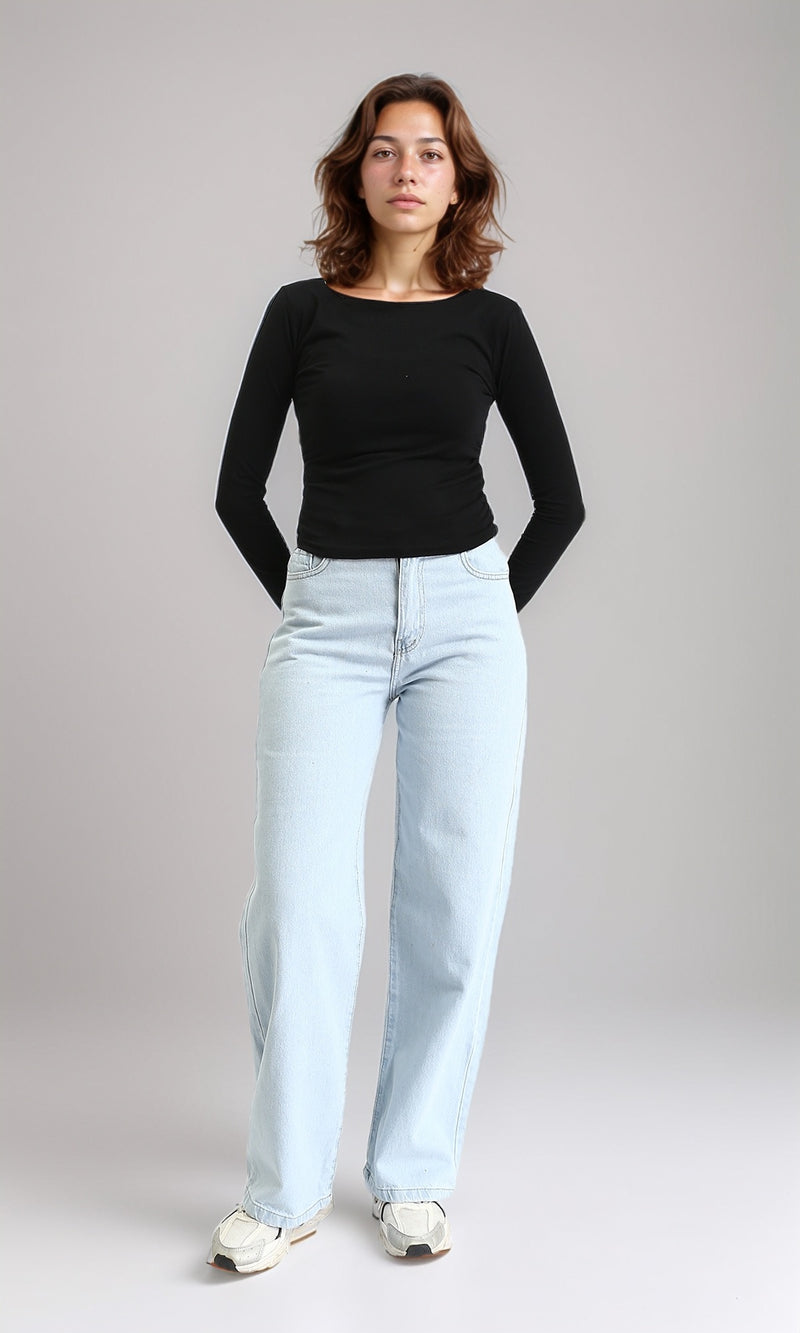 O203061 - Boat Neck Long Sleeves Solid Top - Black