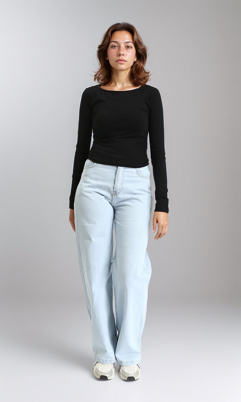 O203061 - Boat Neck Long Sleeves Solid Top - Black