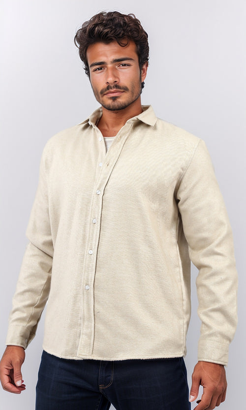 o203064 - Cotton Long Sleeves Button Down Shirt - Beige