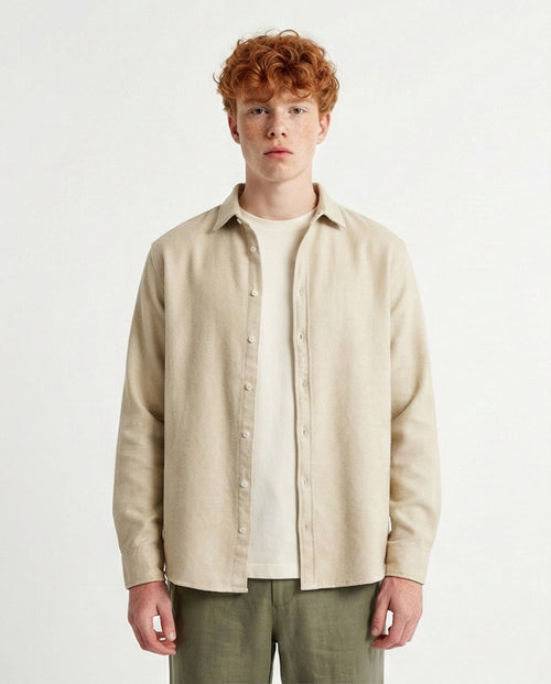 o203064 - Cotton Long Sleeves Button Down Shirt - Beige