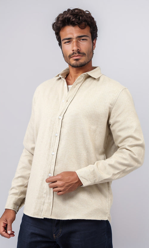 o203064 - Cotton Long Sleeves Button Down Shirt - Beige