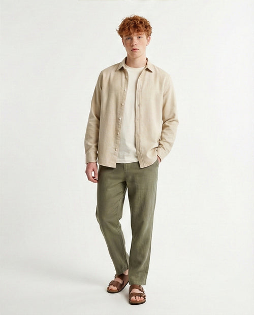 o203064 - Cotton Long Sleeves Button Down Shirt - Beige