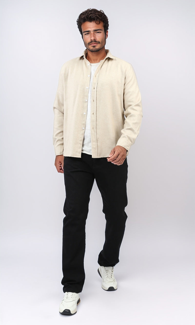 o203064 - Cotton Long Sleeves Button Down Shirt - Beige