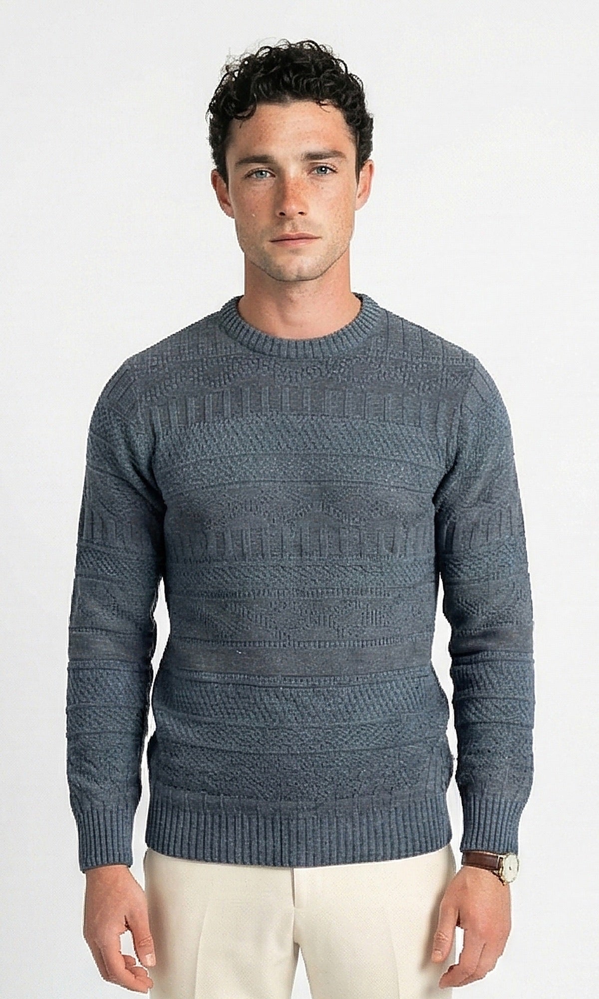 Textured Multi-Stitch Crew Neck Pullover in Teal Grey - O203068