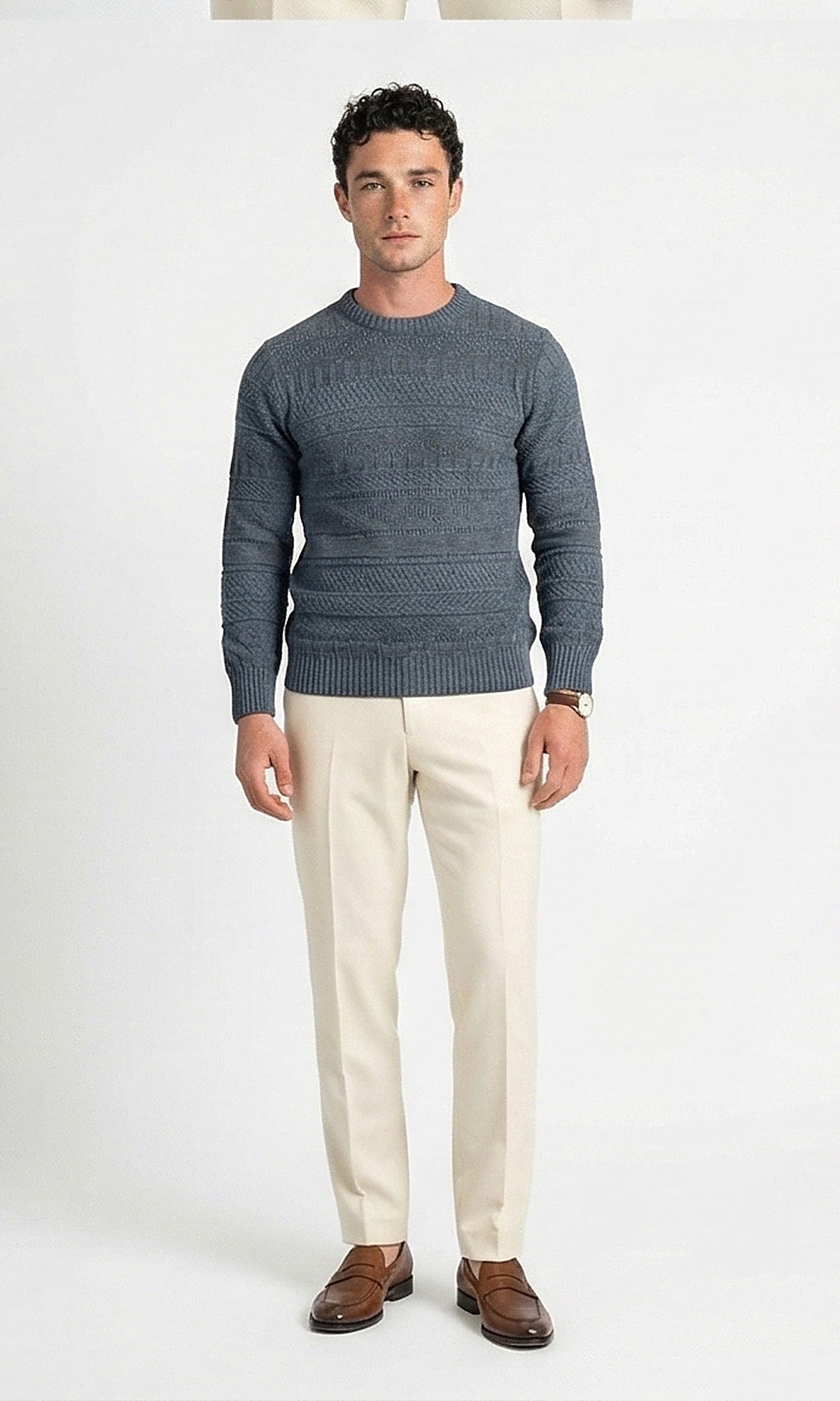 Textured Multi-Stitch Crew Neck Pullover in Teal Grey - O203068