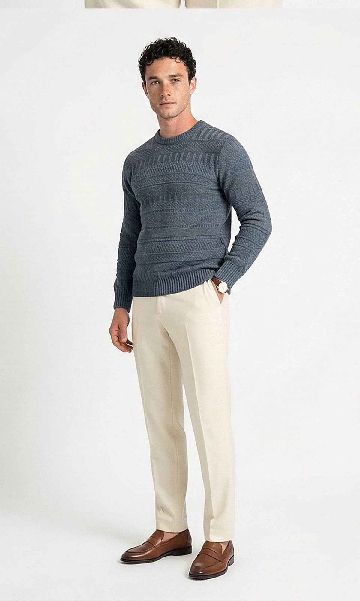 Textured Multi-Stitch Crew Neck Pullover in Teal Grey - O203068